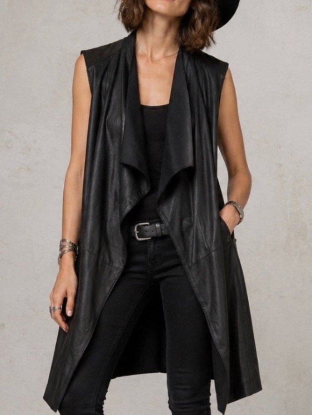 Vince Black Draped Faux Leather Sleeveless Vest